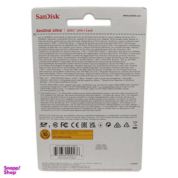 کارت حافظه SDXC سن دیسک مدل Ultra کلاس 10 استاندارد UHS-I U1 سرعت 140 مگابایت بر ثانیه ظرفیت 64 گیگابایت