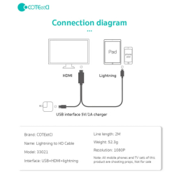 کابل تبدیل HDMI به Lightning/USB کوتتسی مدل 33021 طول 2 متر