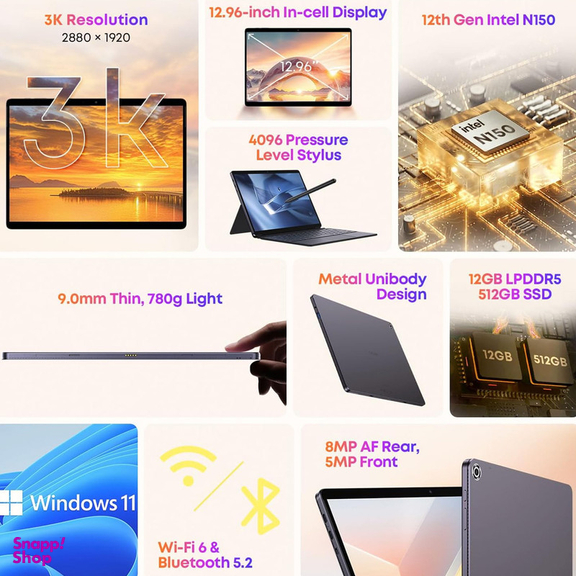 تبلت 12.96 اینچ چووی مدل Hi10 Max N150 با ظرفیت 512 گیگابایت و رم 12 گیگابایت، رزولوشن دوربین 8 مگاپیکسل، پشتیبانی از کیبورد و قلم