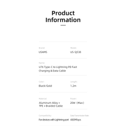 کابل تبدیل USB-C به لایتنینگ یوسمز مدل US-SJ538 طول 1.2 متر