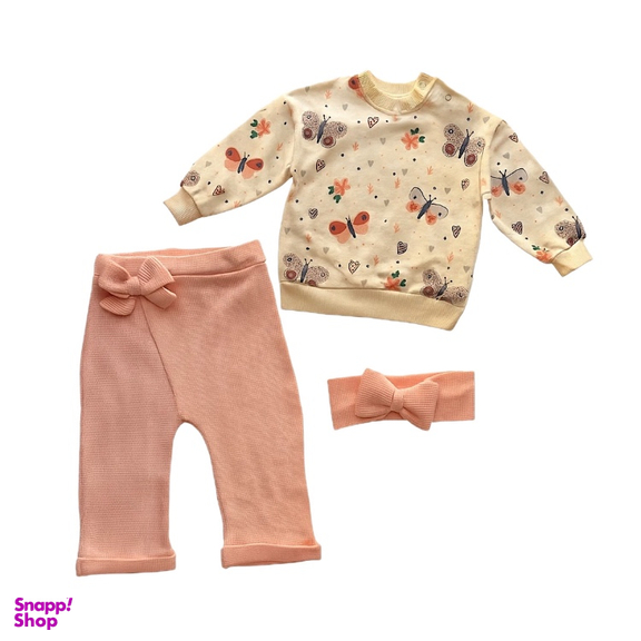 ست بلوز و شلوار و هدبند دخترانه مدل گل و پروانه رنگ صورتی