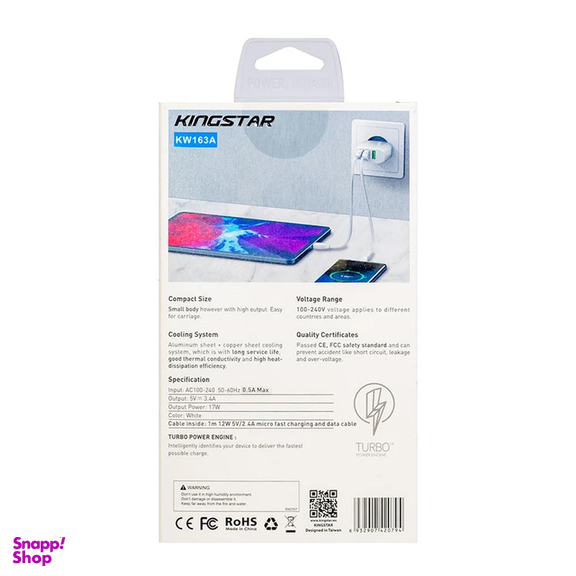شارژر دیواری 17 وات کینگ استار مدل KW163A PD به همراه کابل MicroUSB