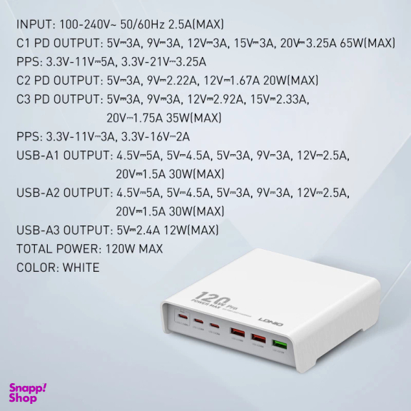 شارژر رومیزی 120 وات الدینیو مدل HUB CHARGER Q605
