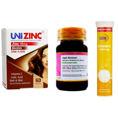 قرص اپتی وومن گلدن لایف بسته 30 عددی به همراه قرص یونی زینک لیبرتی سوییس بسته 60 عددی و قرص جوشان ویتامین C 1000 میلی گرم یوروویتال بسته 20 عددی