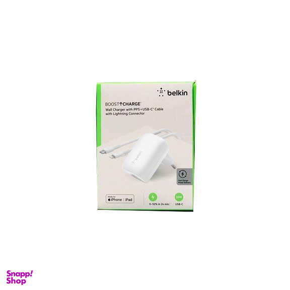 شارژر دیواری بلکین مدل WCA005vf1MWH-B5 USB-C PD PPS به همراه کابل لایتنینگ