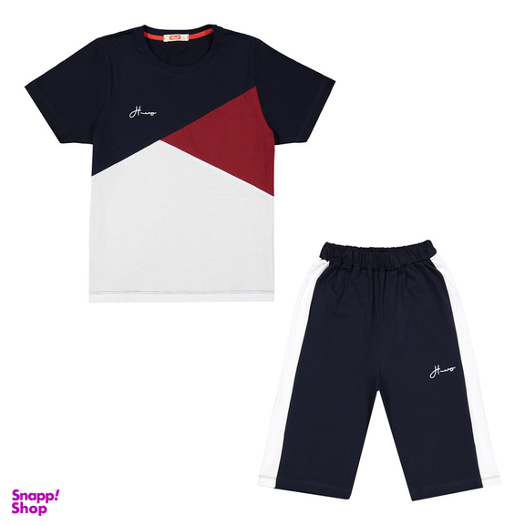 ست تیشرت و شلوارک پسرانه مادر مدل Triangle رنگ سرمه ای