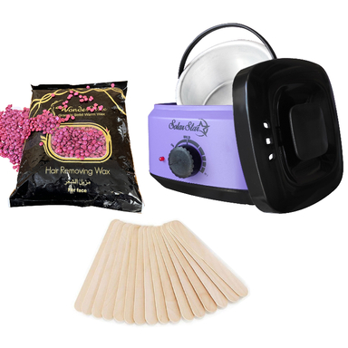 پک دستگاه موم گرم کن و ذوب وکس سولار استار مدل 601 به همراه وکس ژله ای مدل لوندر وزن 1000 گرم و چوبک مدل 010 بسته 30 عددی