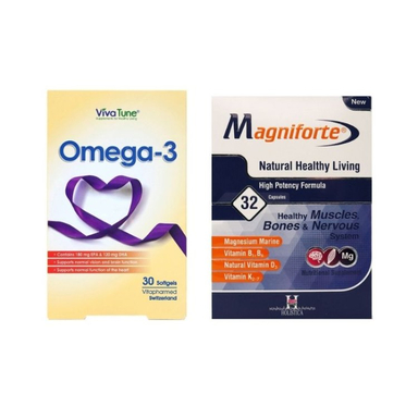 پک کپسول مگنیفورت آرین سلامت سینا بسته 32 عددی و کپسول نرم امگا 3 ویواتیون بسته 30 عددی مجموعه 2 عددی