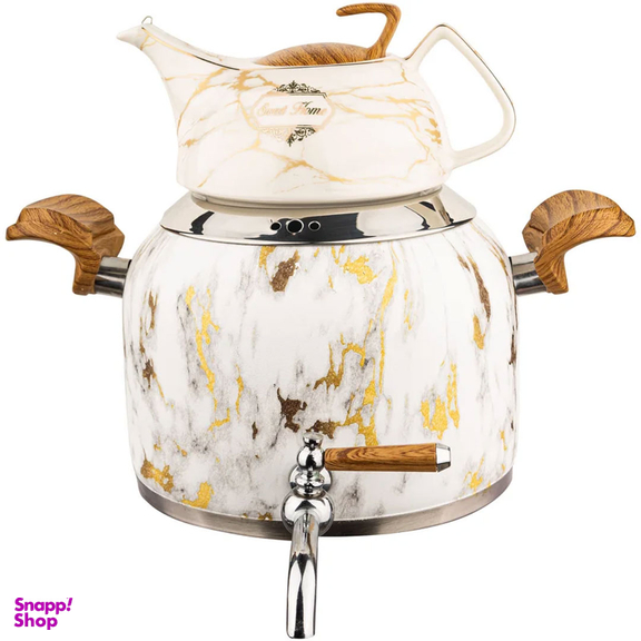 ست کتری قوری کروپ ست مدل رنگی ماربل طرح دسته چوبی کد 915