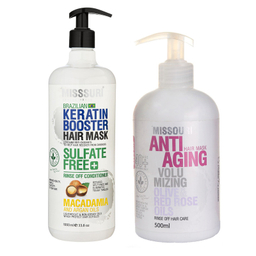 ماسک مو میسوری مدل KERATIN BOOSTER مناسب موهای خشک حجم 1000 میلی لیتر به همراه ماسک مو میسوری مدل زیتون مناسب موهای خشک حجم 500 میلی لیتر