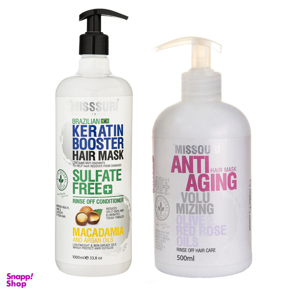 ماسک مو میسوری مدل KERATIN BOOSTER مناسب موهای خشک حجم 1000 میلی لیتر به همراه ماسک مو میسوری مدل زیتون مناسب موهای خشک حجم 500 میلی لیتر