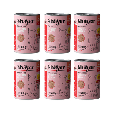 کنسرو غذای گربه شایر مدل پته مرغ و جگر وزن 400 گرم بسته 6 عددی