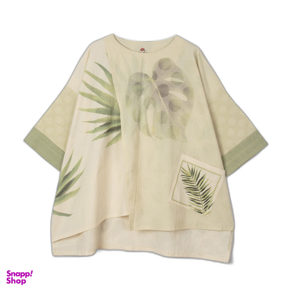 پانچو طرح برگ انجیری رنگ کرم سبز