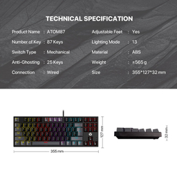 کیبورد گیمینگ فنتک کد Atom87 MK876v2 Blue Switch