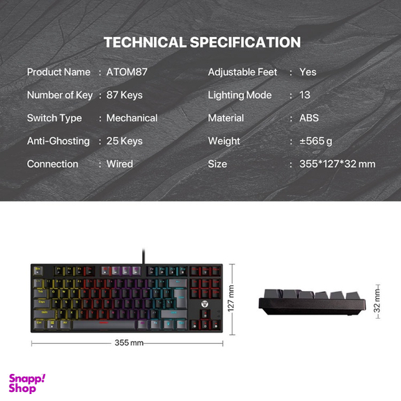 کیبورد گیمینگ فنتک کد Atom87 MK876v2 Blue Switch