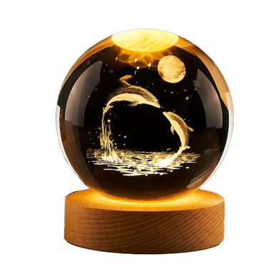 چراغ خواب مدل گوی کریستال سه بعدی طرح دلفین و ماه سایز 10 سانتی متر