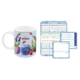 ماگ مدل عید نوروز طرح سنبل به همراه تقویم سال 1403 مدل آهن ربایی و صفحه وایت برد برنامه ریزی روزانه مجموعه 4 عددی