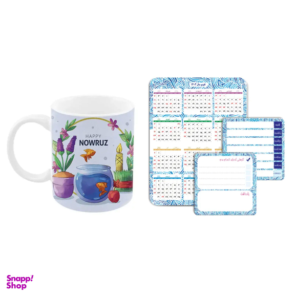 ماگ مدل عید نوروز طرح سنبل به همراه تقویم سال 1403 مدل آهن ربایی و صفحه وایت برد برنامه ریزی روزانه مجموعه 4 عددی