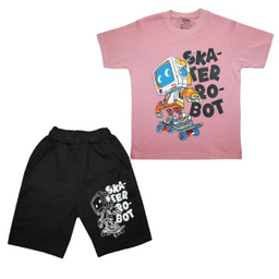 ست تیشرت آستین کوتاه و شلوارک راحتی پسرانه چیندکا مدل ربات اسکوتر کد 1001 رنگ صورتی