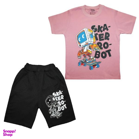 ست تیشرت آستین کوتاه و شلوارک راحتی پسرانه چیندکا مدل ربات اسکوتر کد 1001 رنگ صورتی