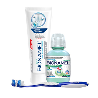 ست مسواک و خمیر دندان و دهان شویه مدل Whitening مجموعه 3 عددی