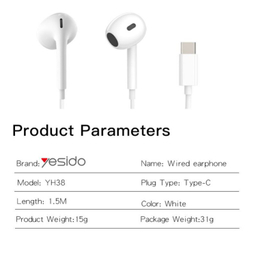 هندزفری باسیم یسیدو مدل YH38 Type-C طول 1.2 متر