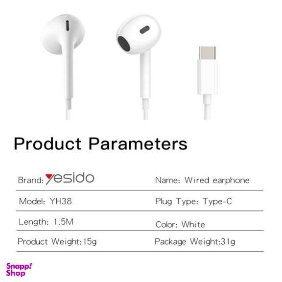 هندزفری باسیم یسیدو مدل YH38 Type-C طول 1.2 متر