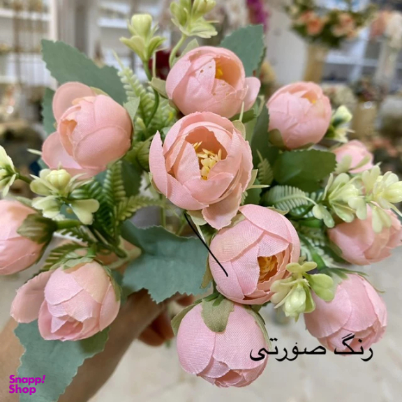 دسته گل مصنوعی 5 شاخه مدل بوته نسترن فندقی رنگ صورتی