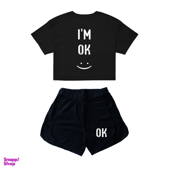 ست نیم تنه و شورتک زنانه طرح OK کد KS7 رنگ مشکی