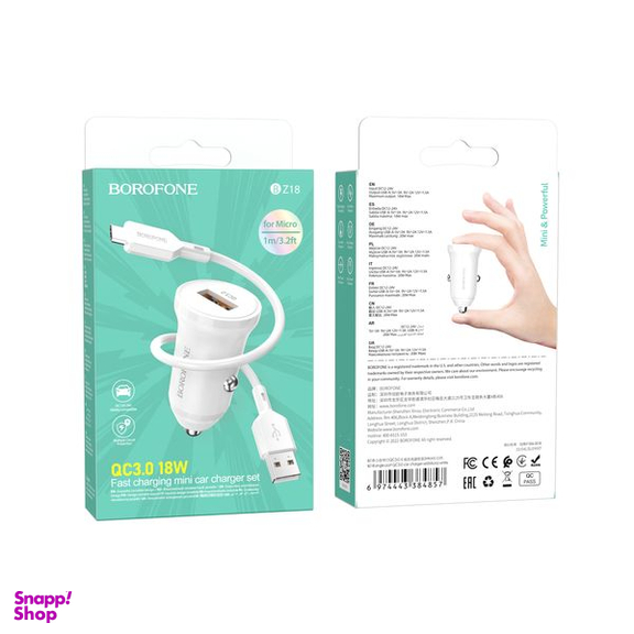 شارژر فندکی بروفون مدل BZ18 QC3.0 18W به همراه کابل تبدیل MicroUSB