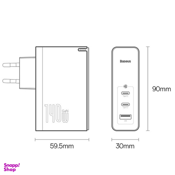 شارژر دیواری 140 وات 3 پورت بیسوس مدل CCGP100201 به همراه کابل Type-C طول یک متر