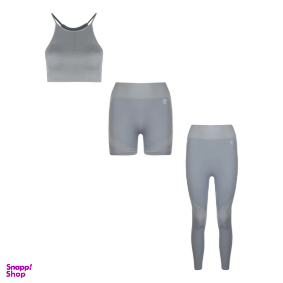 ست 3 تکه نیم تنه کراپ، لگ ورزشی و شلوارک ورزشی زنانه دریم اسلیم کد T799 رنگ طوسی