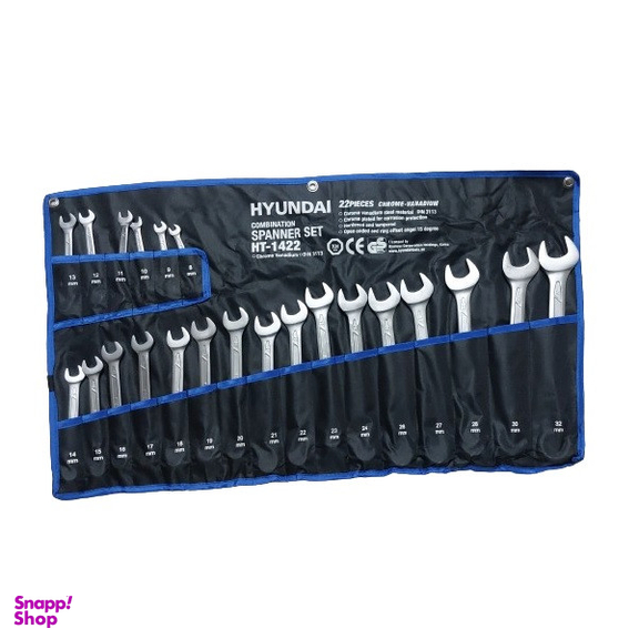 آچار یک سر تخت و یک سر رینگی هیوندای مدل HT-1422 مجموعه 22 عددی