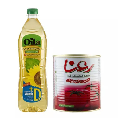 روغن آفتابگردان اویلا وزن 900 گرم به همراه کنسرو رب گوجه فرنگی رعنا وزن ۸۰۰ گرم