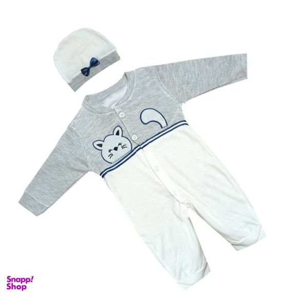 ست سرهمی و کلاه نوزاد مدل گربه بازیگوش رنگ طوسی