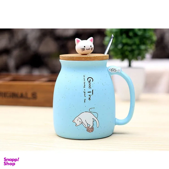 ماگ طرح گربه به همراه درب بامبو