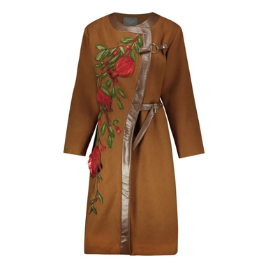 پالتو زنانه گره استایل مدل ناردونه مزین به هنر کچه رنگ شتری