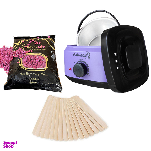 پک دستگاه موم گرم کن و ذوب وکس سولار استار مدل 601 به همراه وکس ژله ای مدل لوندر وزن 1000 گرم و چوبک مدل 010 بسته 30 عددی
