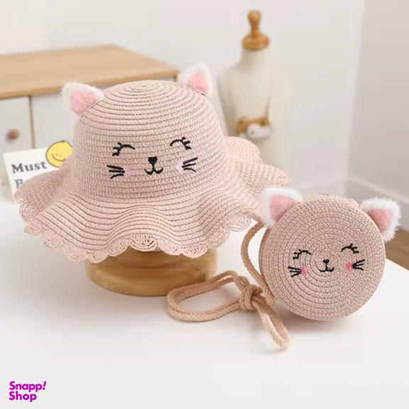 ست هدیه کیف و کلاه کنفی بچگانه طرح گربه مدل ساحلی