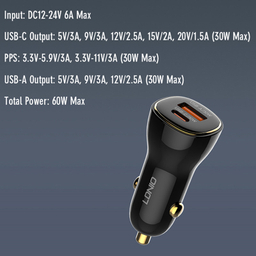 شارژر فندکی 60 وات الدینیو مدل C103 به همراه کابل USB-C