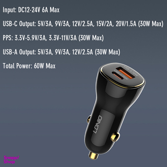 شارژر فندکی 60 وات الدینیو مدل C103 به همراه کابل USB-C