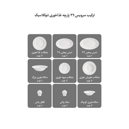 سرویس غذاخوری 29 پارچه چینی زرین ایران مدل نئوکلاسیک گلد استون درجه عالی