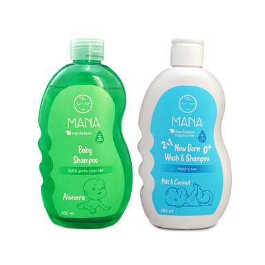 شامپو بچه سر و بدن مانا مدل پروتئین روغن نارگیل و عصاره آلوئه ورا حجم 400 میلی لیتر مجموعه 2 عددی