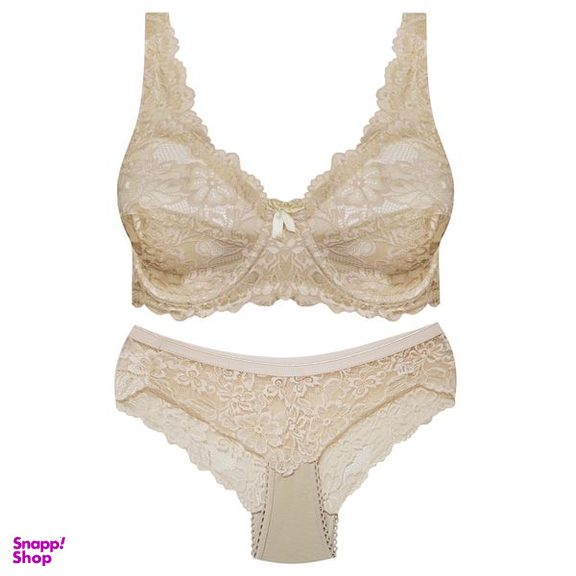 ست شورت و سوتین زنانه پانیذ مدل فنردار گیپور گلدار کد 9015 رنگ کرم