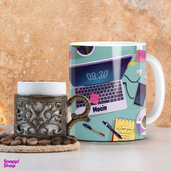 ماگ لاژید مدل اسم معین طرح لپ تاپ و میزکار