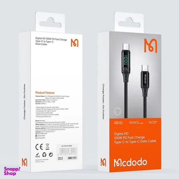 کابل 2 سر تایپ سی صفحه دار مک دودو مدل CA 1100 طول 1.2 متر