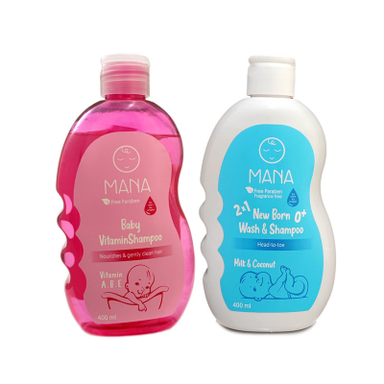 شامپو بچه سر و بدن مانا مدل پروتئین روغن نارگیل و ویتامینه حجم 400 میلی لیتر مجموعه 2 عددی