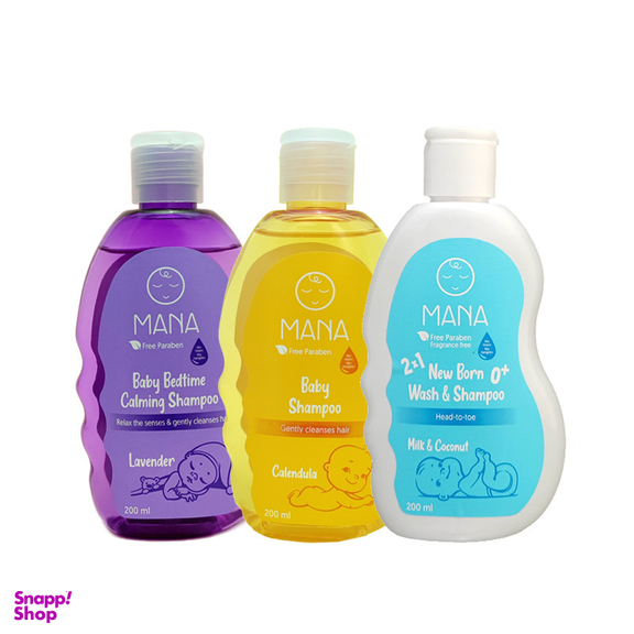 شامپو کودک مانا مدل سر و بدن و عصاره اسطوخودوس و عصاره کالاندوا حجم 200 میلی لیتر بسته 3 عددی