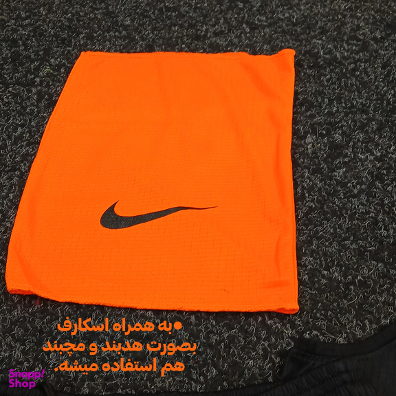 ست تاپ و شلوارک و اسکارف ورزشی مردانه طرح نایکی کد 1541 رنگ مشکی نارنجی