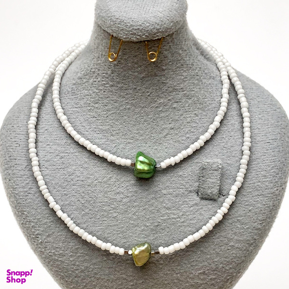 ست گردنبند و پابند دخترانه سورا مدل مونجوق و مروارید باروک سبز کد SN002